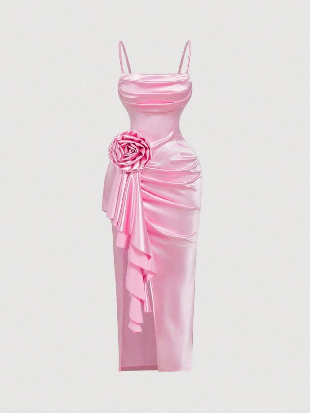 Pink Elegant Women's 3D Floral High-Slit Long Dress - Picture 3 of 5